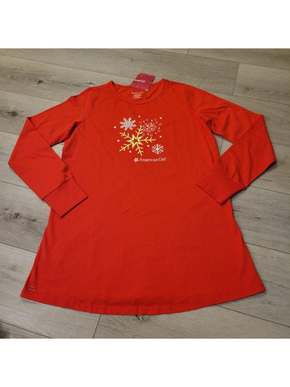 American Girl Sleep Shirt Girls Lg 12/14 Red Long Sleeve Snowflake 100% Cotton